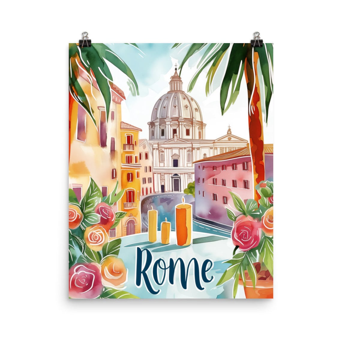 Rome St Peter's Basilica with Palms and Roses Watercolor Travel Poster