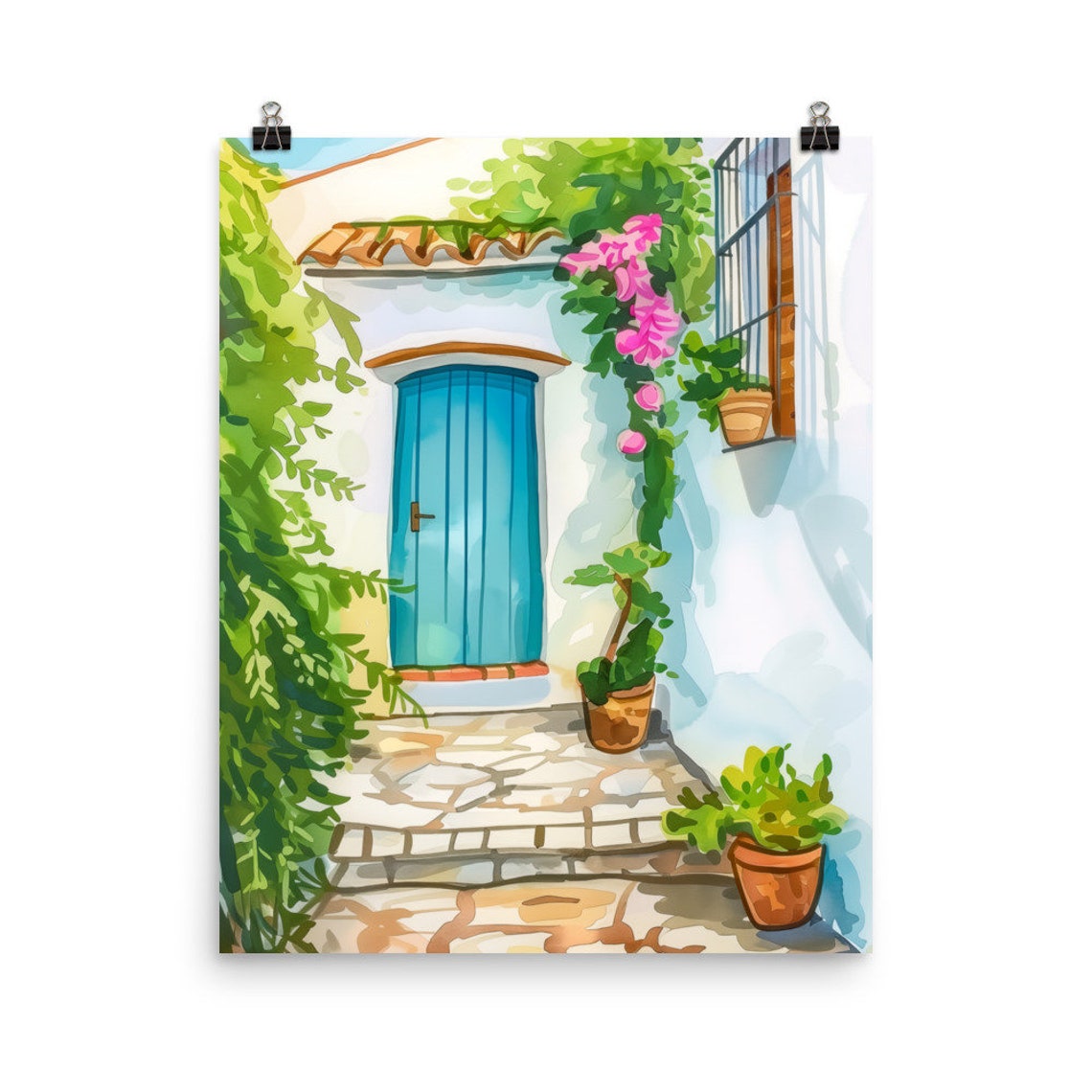 Frigiliana Blue Door Bougainvillea Stone Steps Watercolor Poster