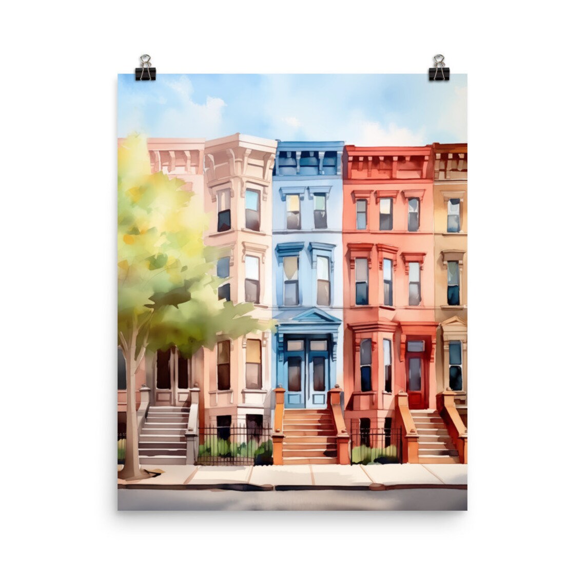 Brooklyn Watercolor Art Print, New York City Brownstones
