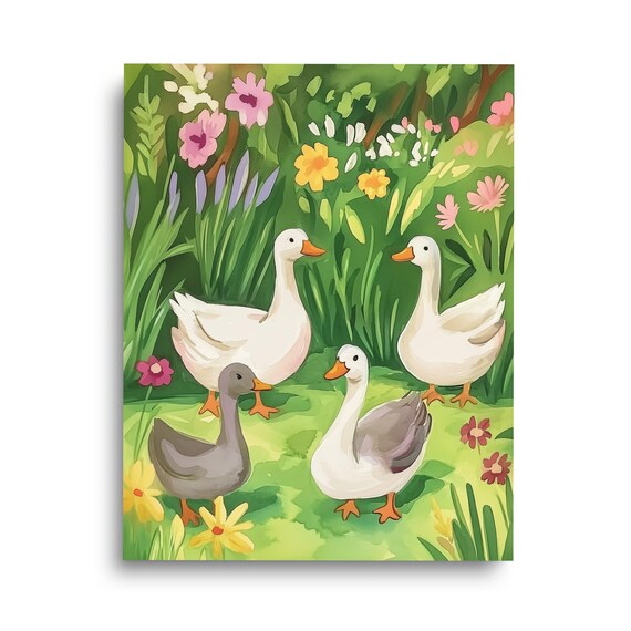 Ducks In Spring Watercolor Print Farmhouse Wall Art Duck Animal Nursery Decor Country Pastoral Painting Countryside