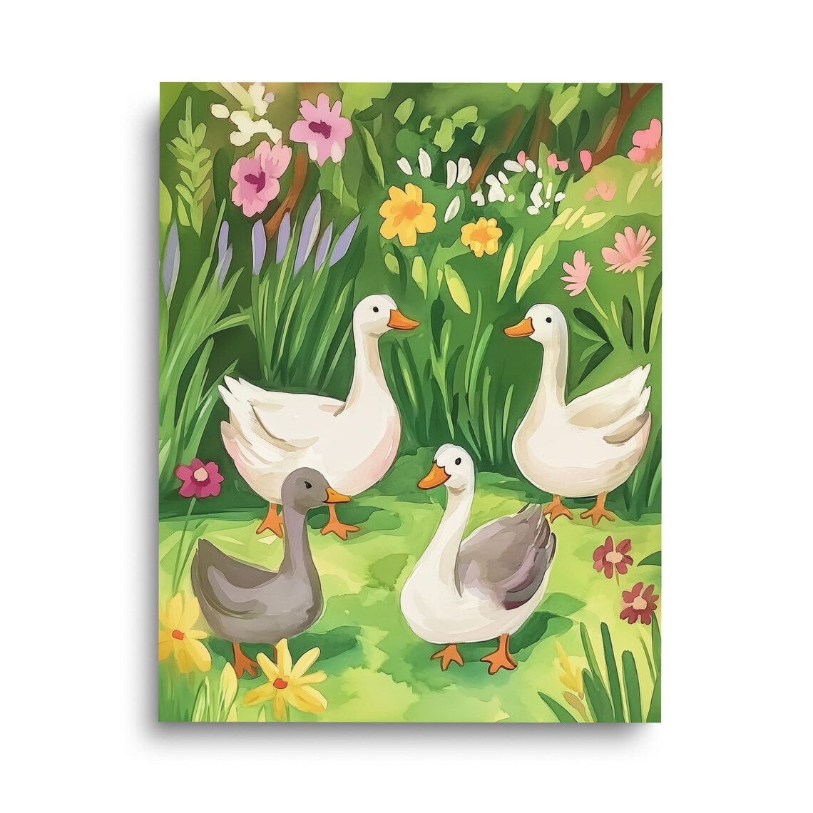 White Ducks Spring Meadow Flowers Watercolor Farmhouse Nursery Poster