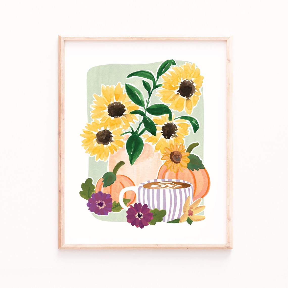 Fall Coffee Still Life with Pumpkins, Sunflowers Art Print