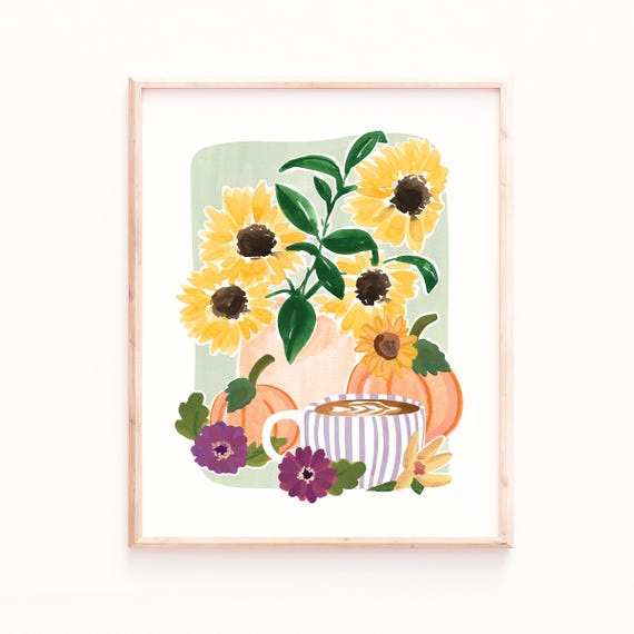 Fall Coffee Still Life with Pumpkins, Sunflowers Art Print