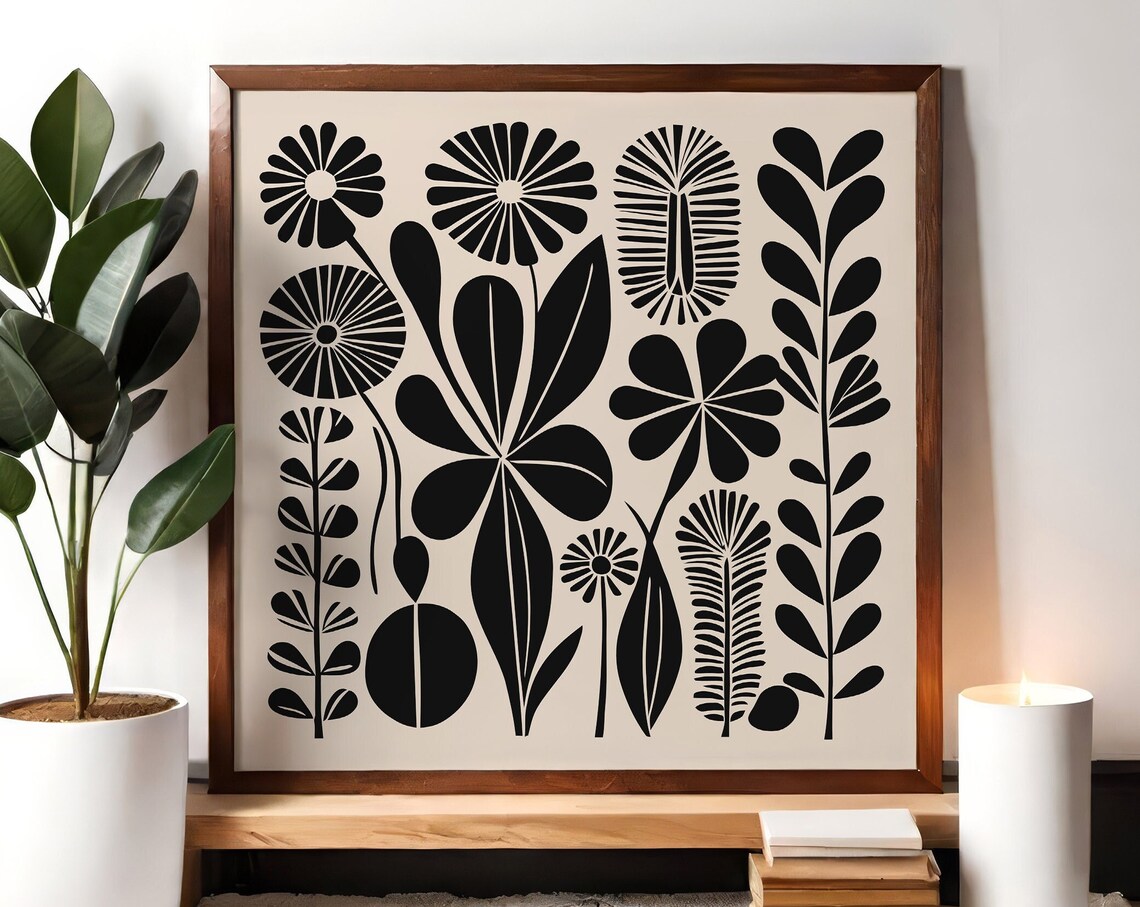 Monochrome Black and White Scandinavian Botanical Floral Wall Art