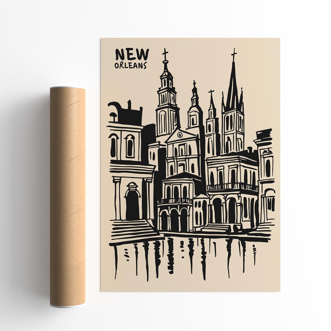New Orleans Black Ink Skyline Saint Louis Cathedral Travel Poster
