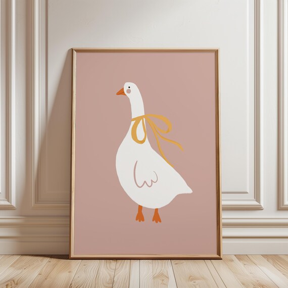 White Goose Yellow Bow Cute Pink Nursery Animal Kids Art Poster