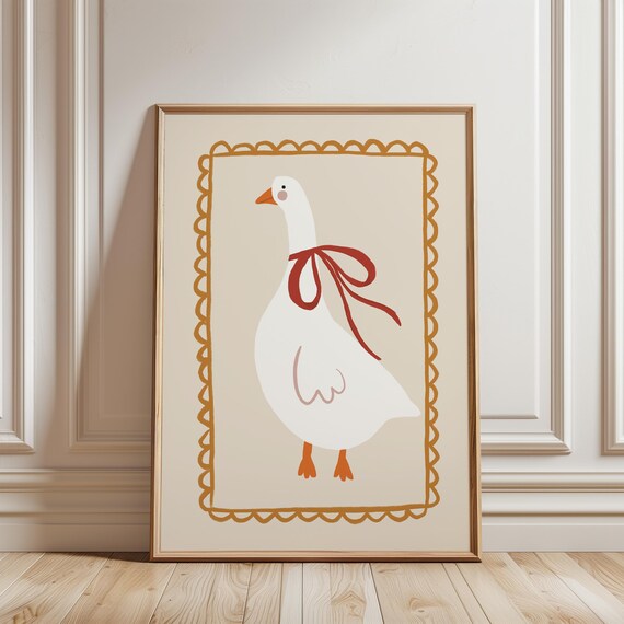 Cute White Goose Red Bow Neutral Cream Scalloped Nursery Poster