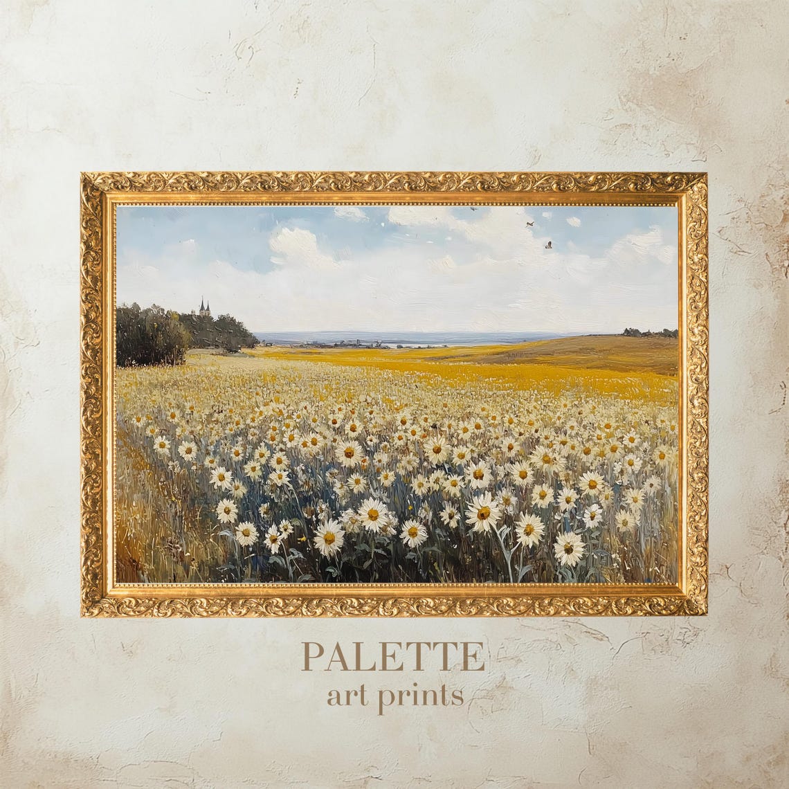 Endless White Daisy Field Blue Sky Church Spire Horizon Wall Art