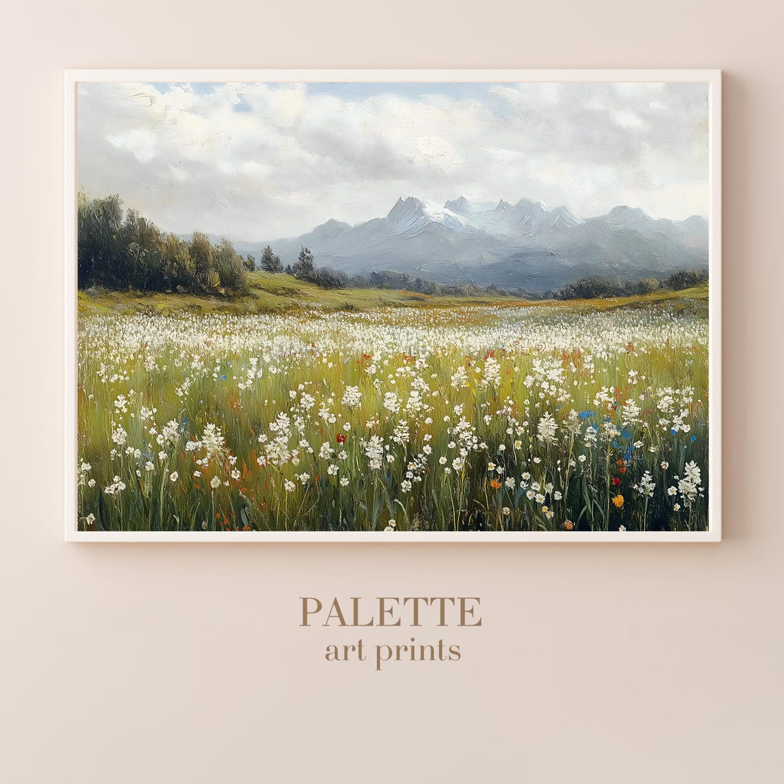 Wildflower Meadow in Bloom with Soft Misty Mountain Background Poster - Image 3