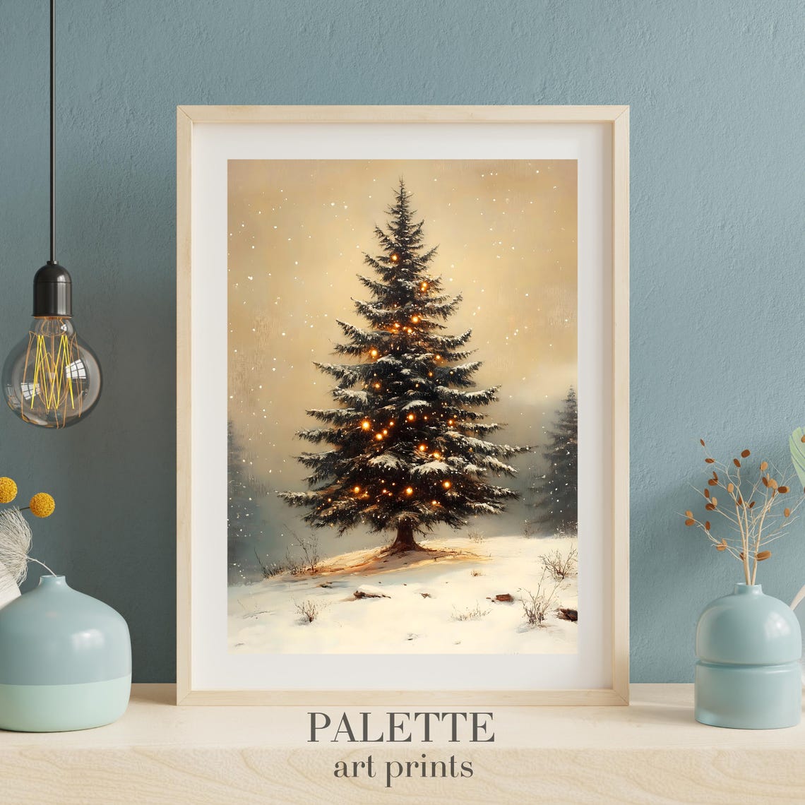 Snow Covered Christmas Tree Glowing Lights Falling Snow Wall Art - Image 3
