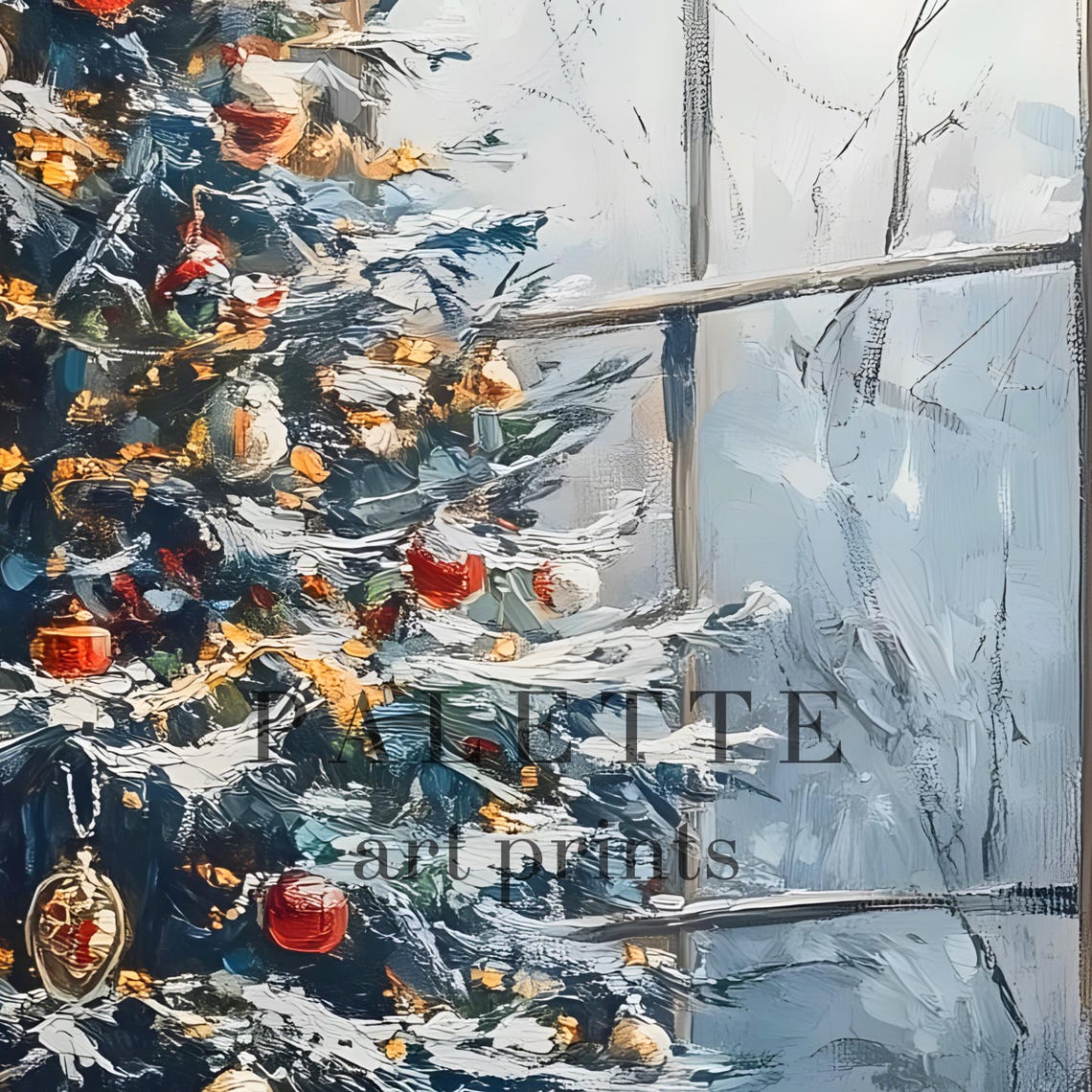 Cozy Reading Nook Christmas Tree Red Ornaments Bookshelf Wall Art - Image 2