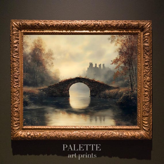 Misty Forest Bridge Oil Painting Enchanting Stone Bridge With Castle Silhouette Fantasy Landscape Wall Art Lnd087