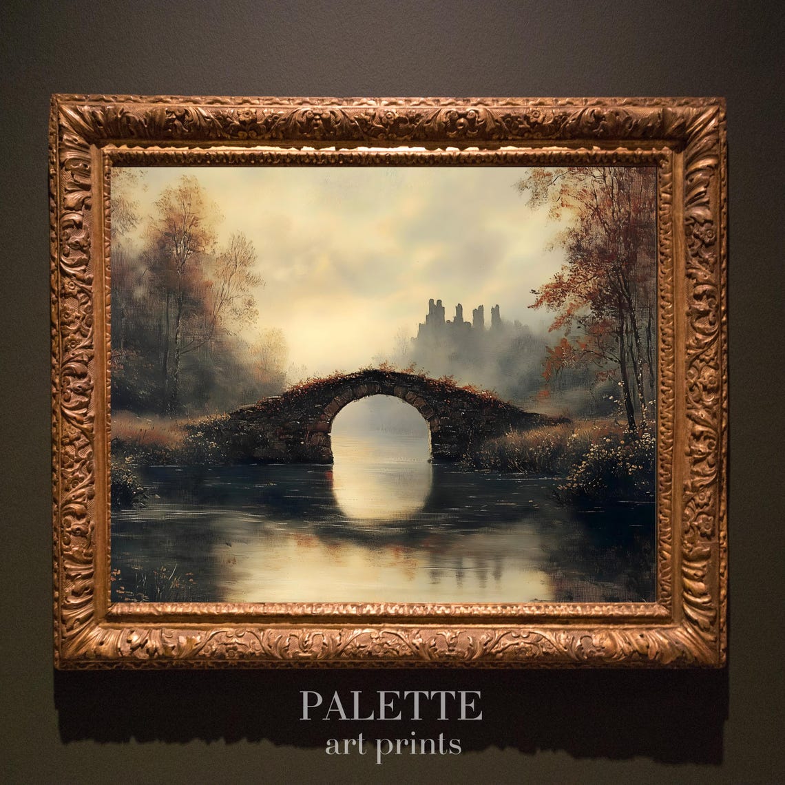 Misty Stone Bridge Over Still Water With Ruins On The Hill Poster