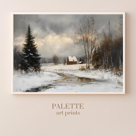 Snowy Cottage Beside A Frozen Stream Winter Woodland Landscape Poster