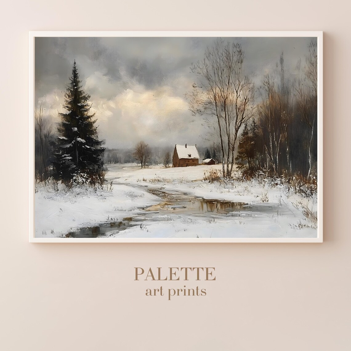 Snowy Cottage Beside A Frozen Stream Winter Woodland Landscape Poster