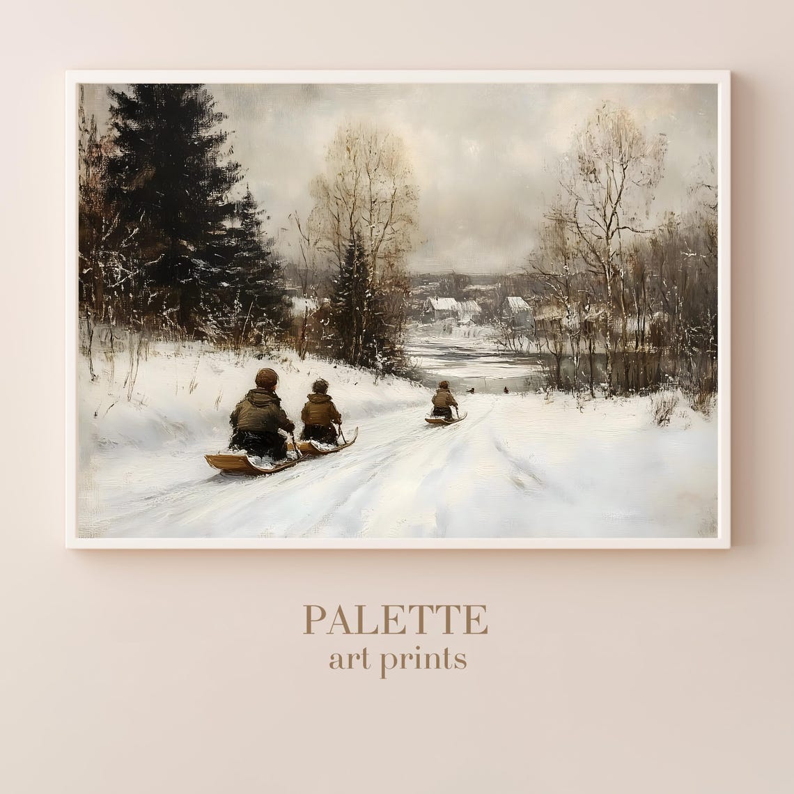 Children Sledding Down Snowy Hill Nostalgic Winter Fun Poster