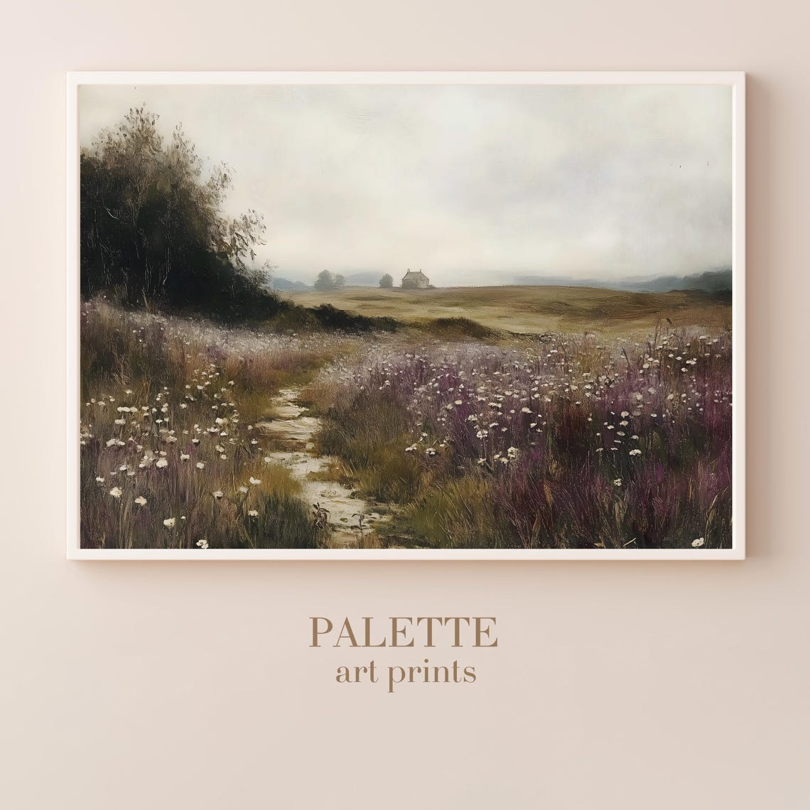 Wildflower Field Path Leading To A Distant Cottage Landscape Poster