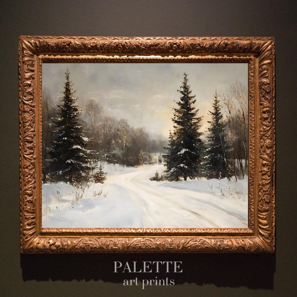 Snowy Forest Road Through Tall Evergreens Winter Landscape Poster - Image 3