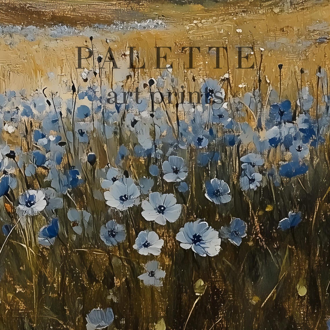 Blue Wildflower Meadow Mountain Cottage Rustic Landscape Print - Image 3