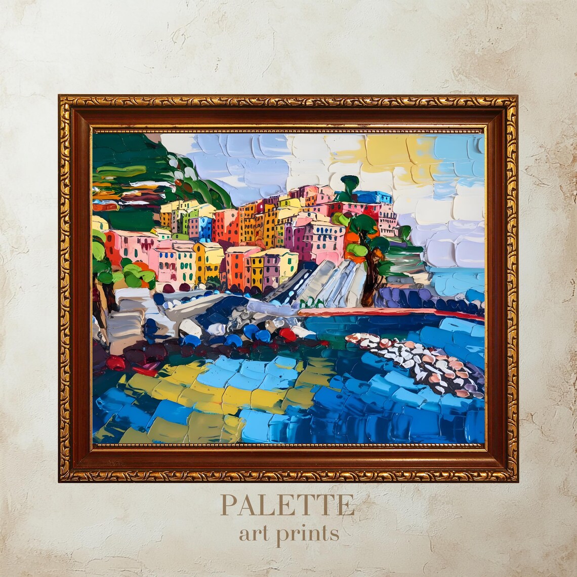 Cinque Terre Inspired Colorful Seaside Town Palette Knife Art Poster - Image 2