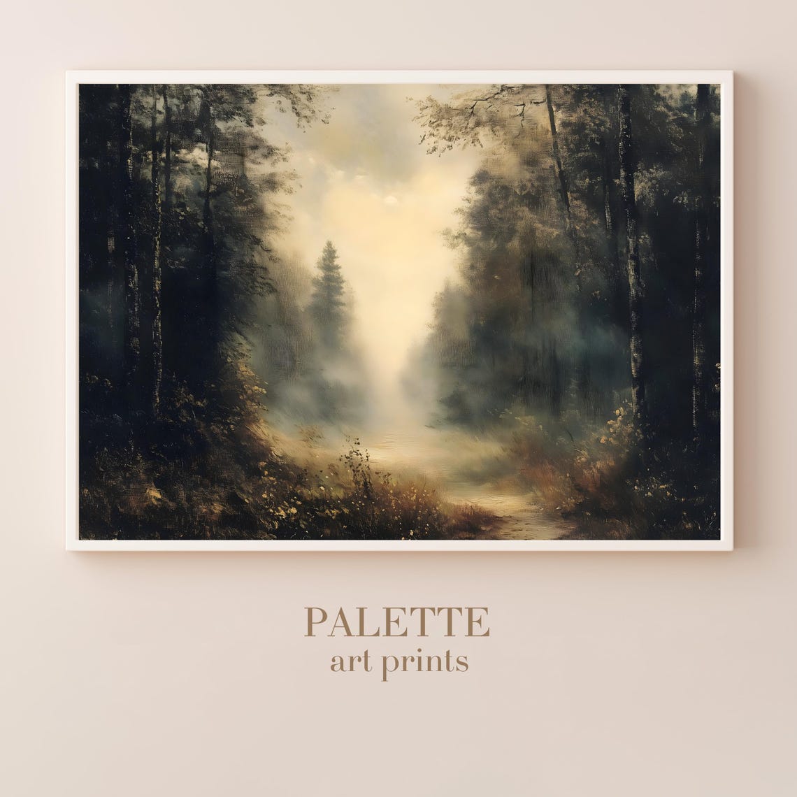 Misty Dark Pine Forest Trail with Golden Light Break Wall Art - Image 3