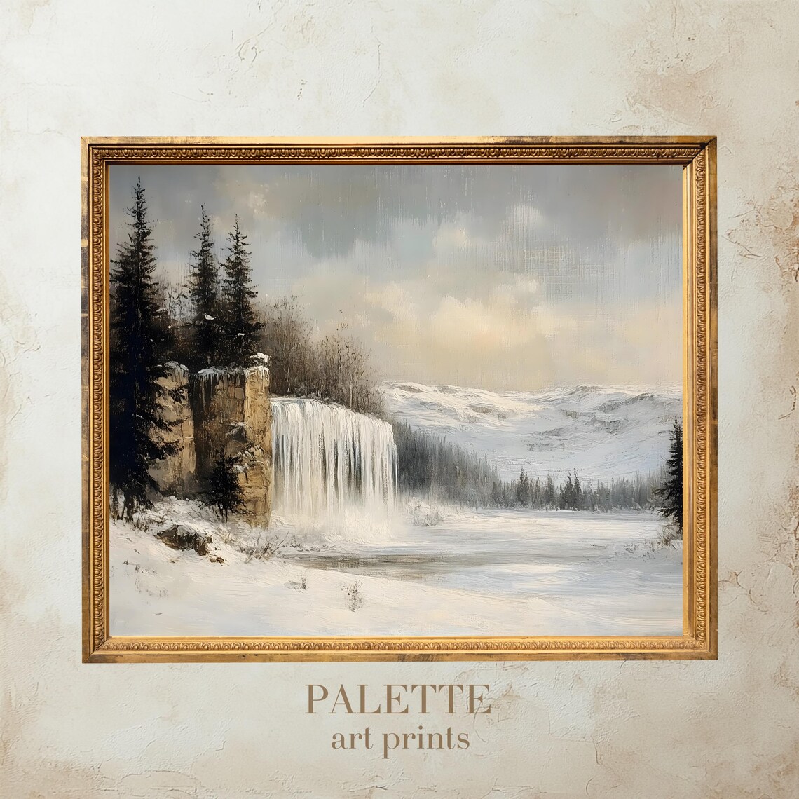 Majestic Frozen Waterfall in Snowy Forest Winter Oil Painting Poster - Image 2