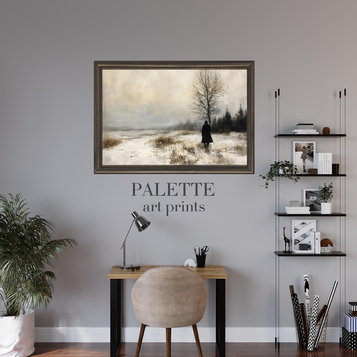 Solitary Figure in Vast Snowy Field Moody Winter Wanderer Poster - Image 2