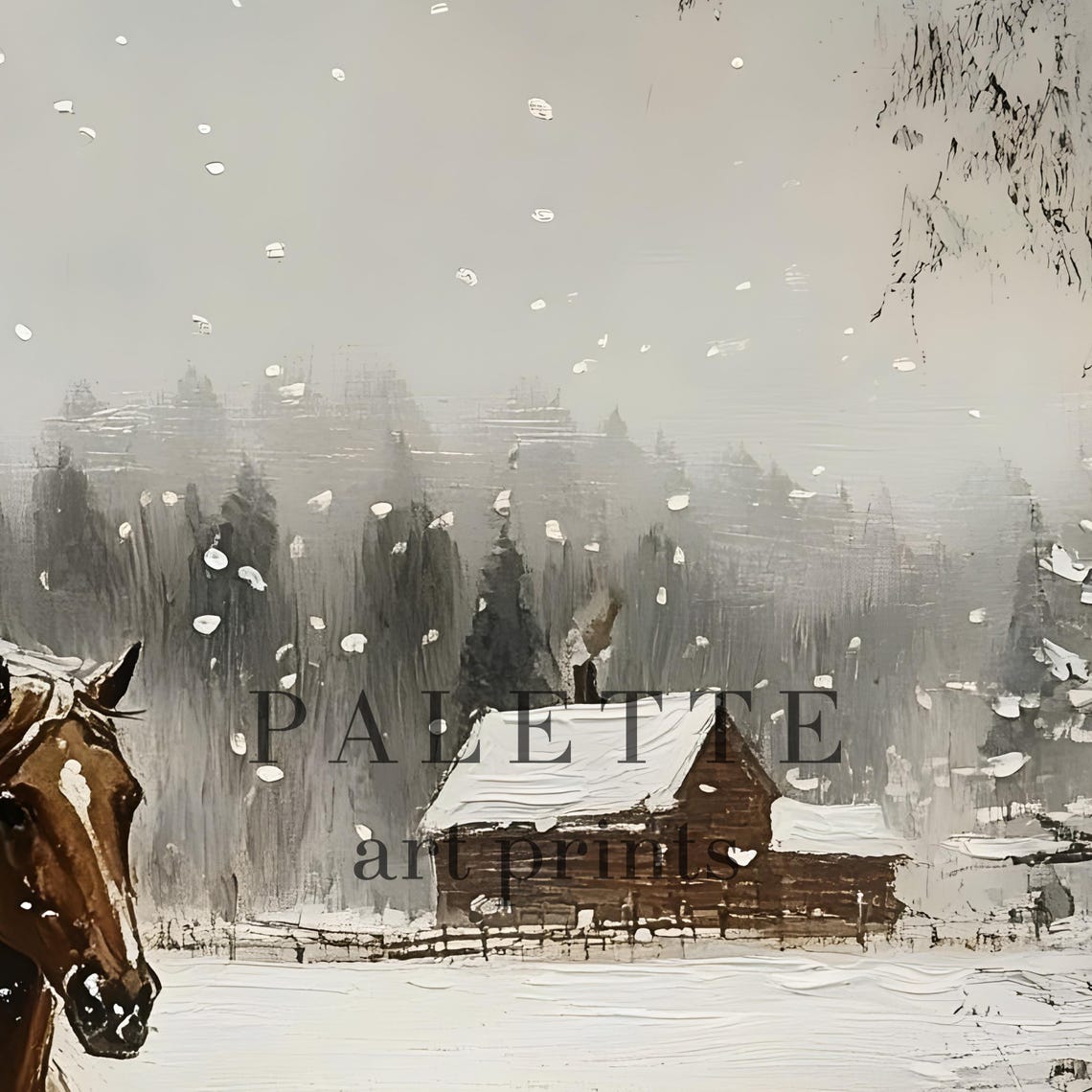 Chestnut Horse Galloping Down a Snowy Path Barn Behind Wall Art - Image 2