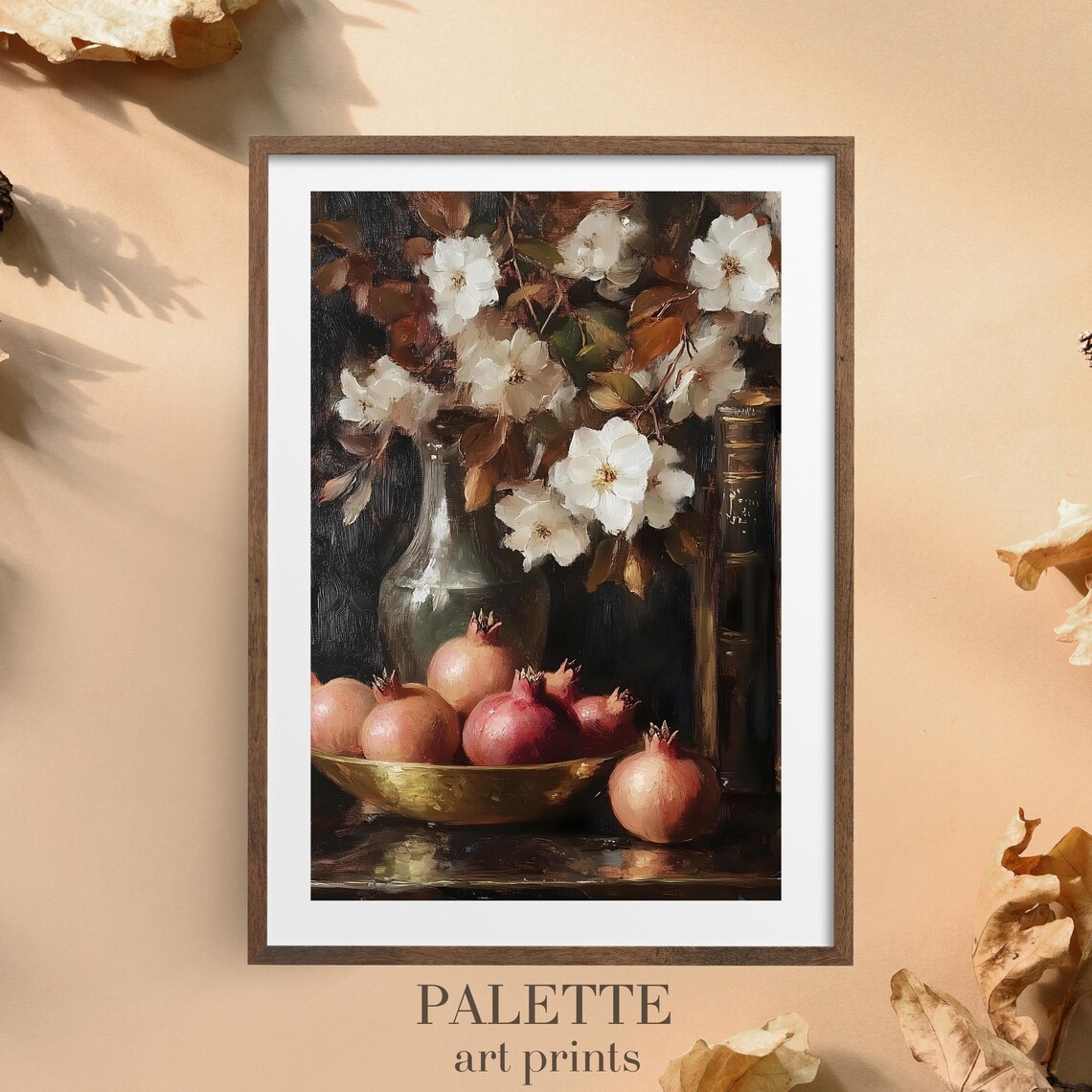 Pomegranate Gold Bowl Blossom Vintage Moody Still Life Art Print - Image 3