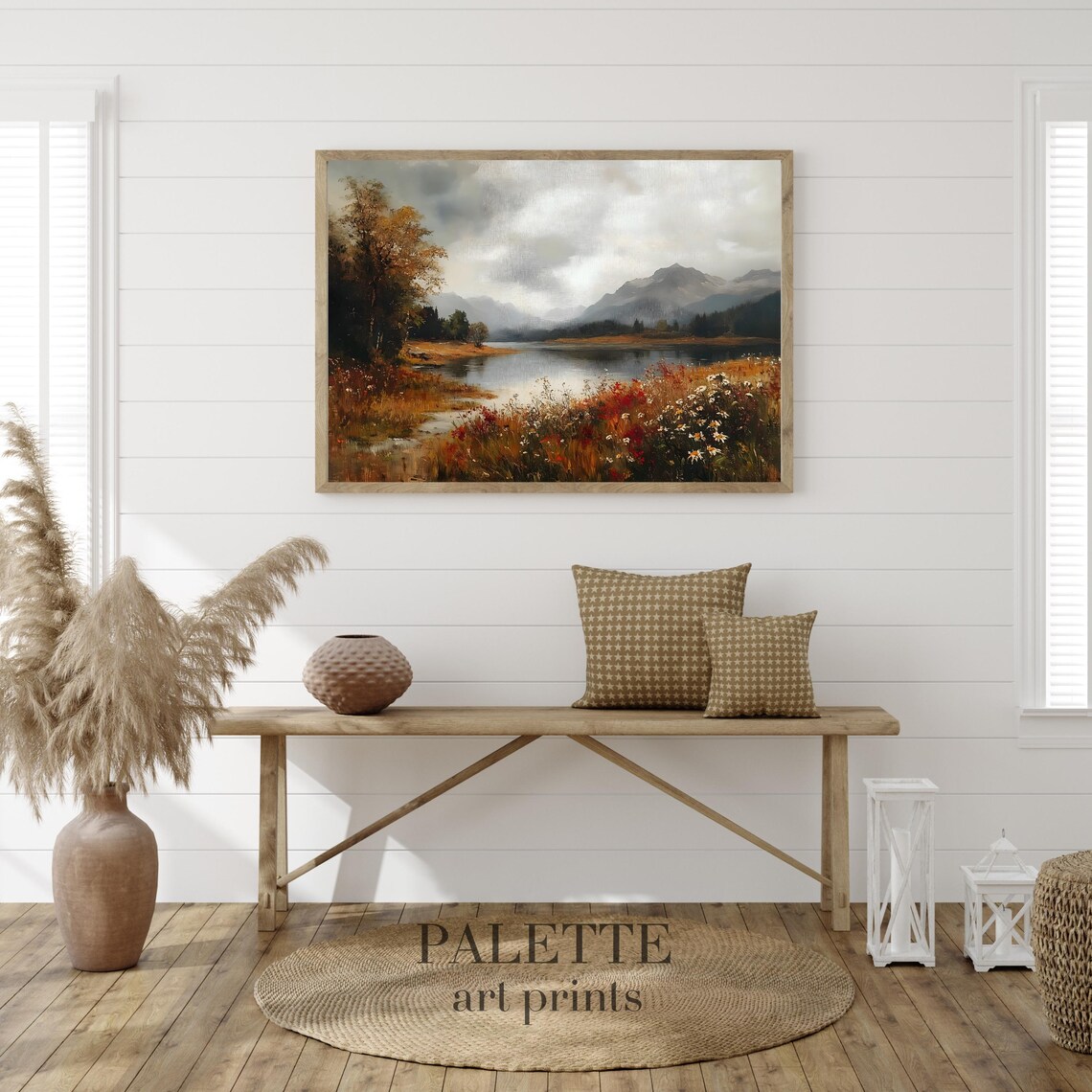 Mountain Lake Autumn Wildflowers Stormy Sky Vintage Landscape Poster - Image 3
