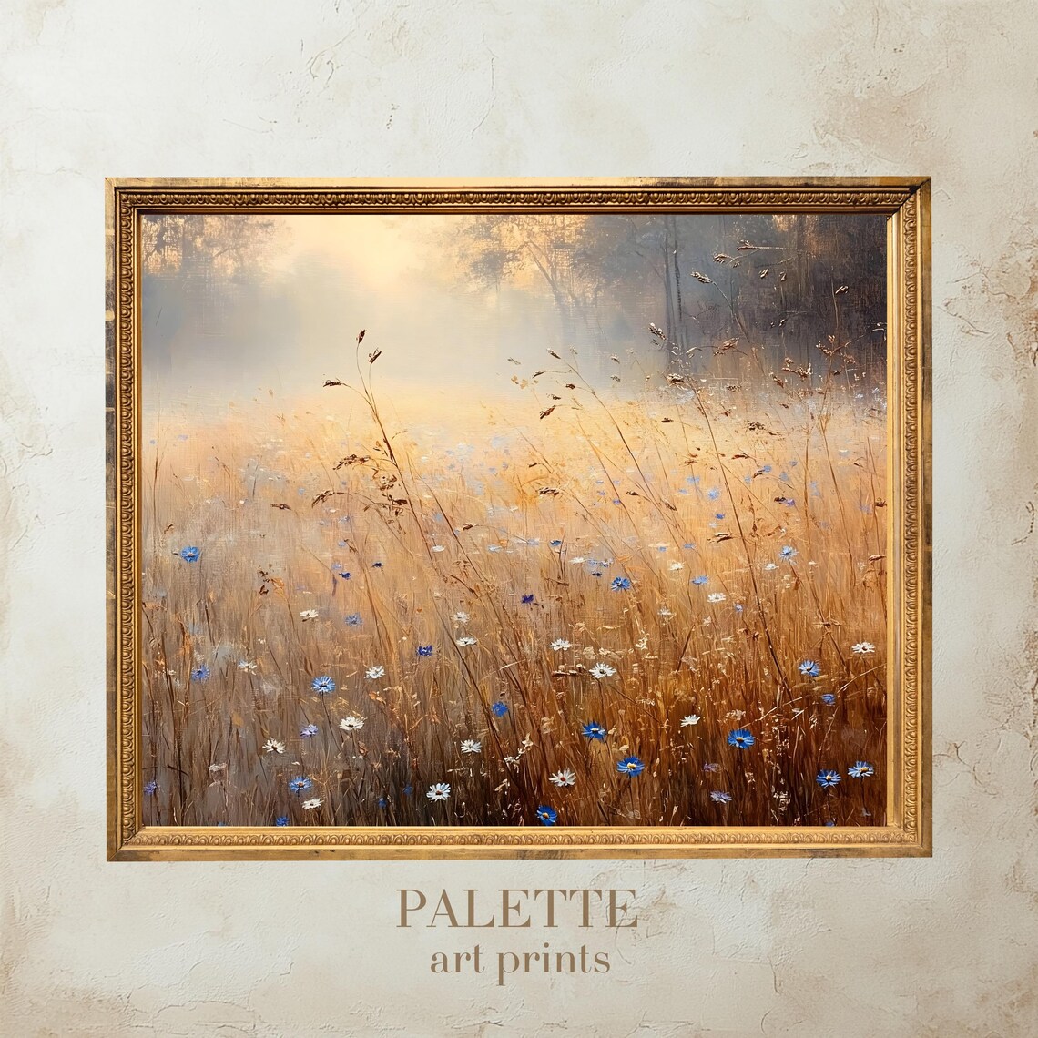 Misty Golden Wildflower Field Blue Cornflowers Meadow Poster - Image 2