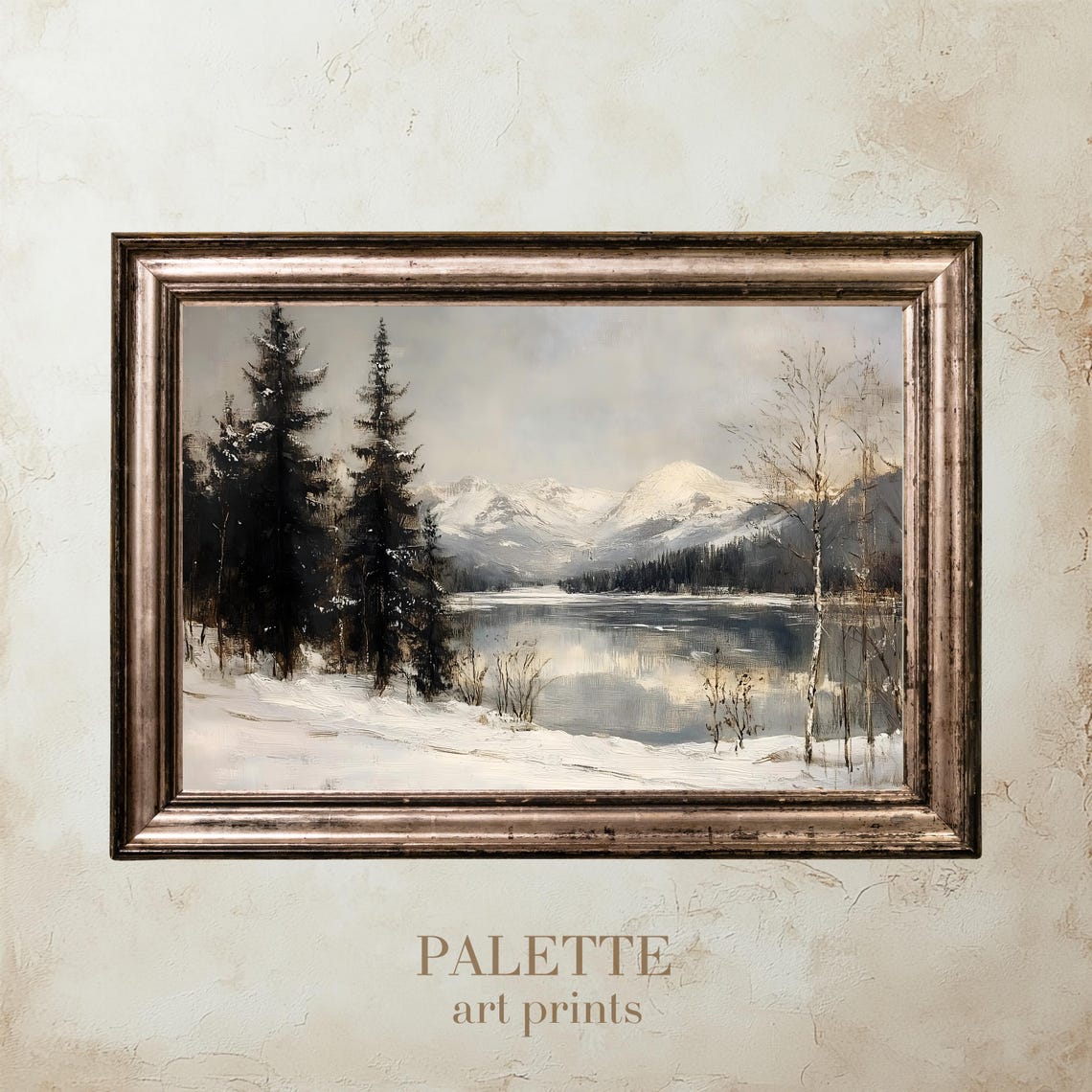 Winter Mountain Lake Snowy Pines Moody Vintage Landscape Poster