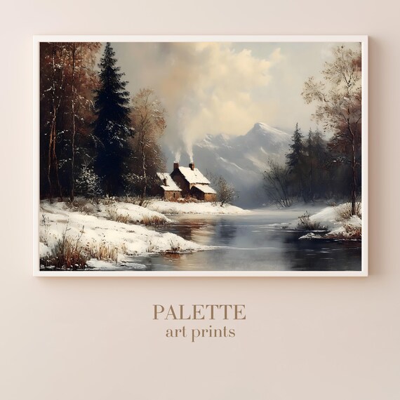 Cozy Cabin Beside A Winter River With Mountain Peaks Behind Poster