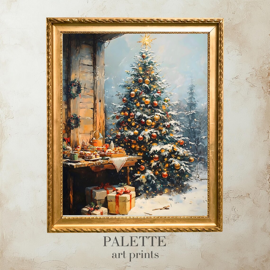 Rustic Outdoor Christmas Tree Cabin Porch Snowy Treats Wall Art