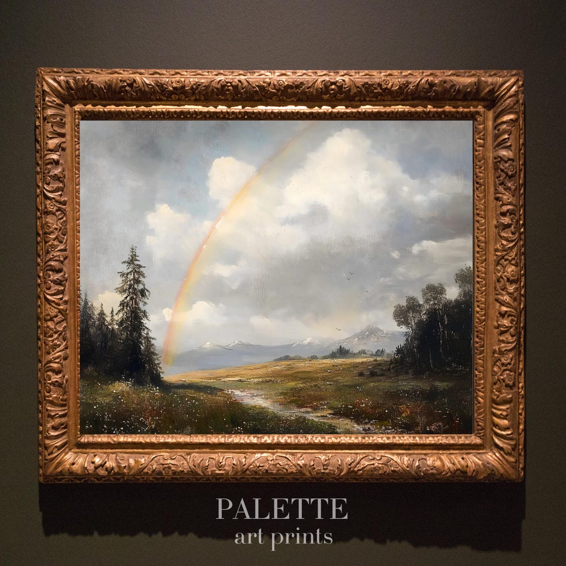 Rainbow Over Meadow Valley with Mountains Peaceful Landscape Poster - Image 3