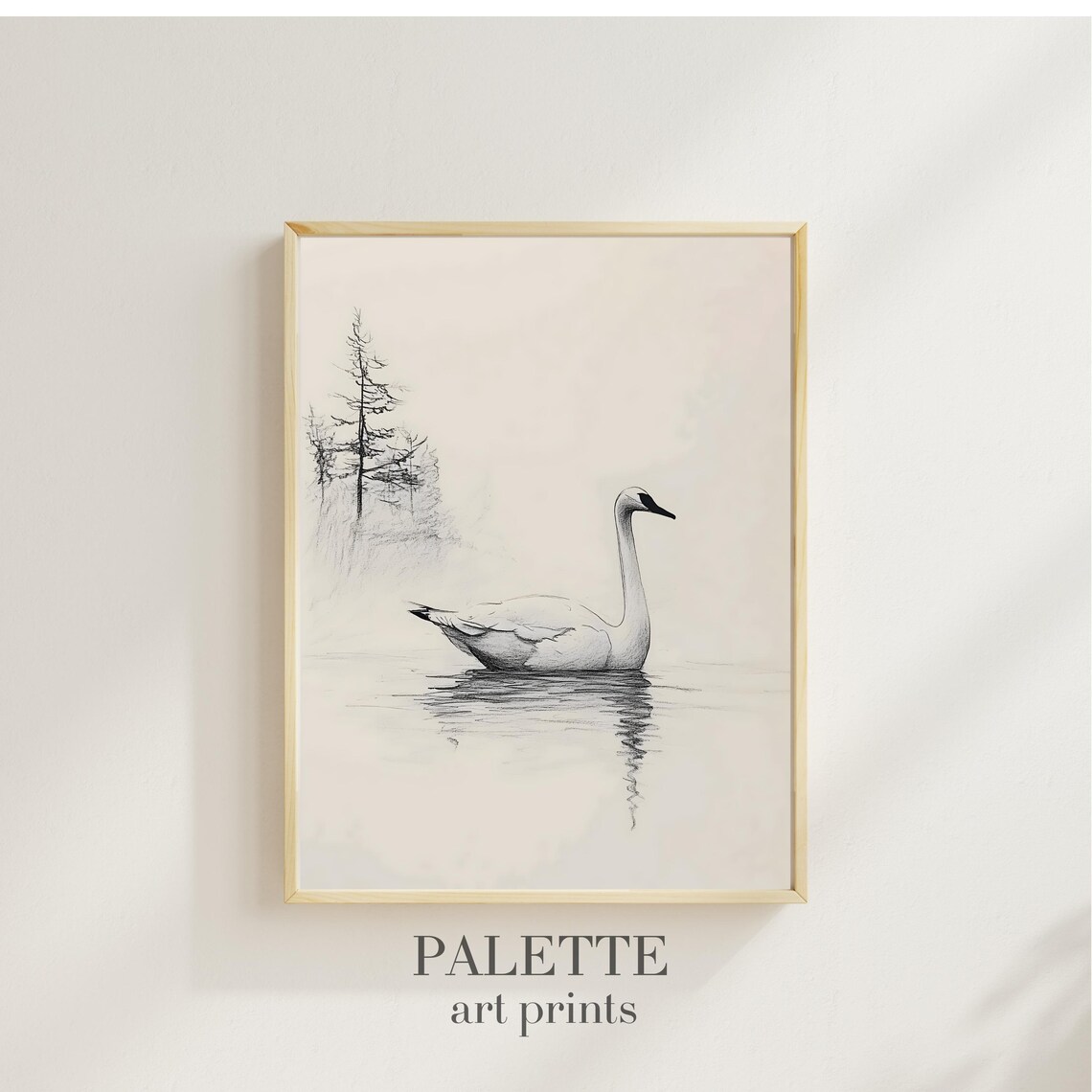 Graceful Swan Floating on Calm Water Minimal Pencil Drawing Wall Art