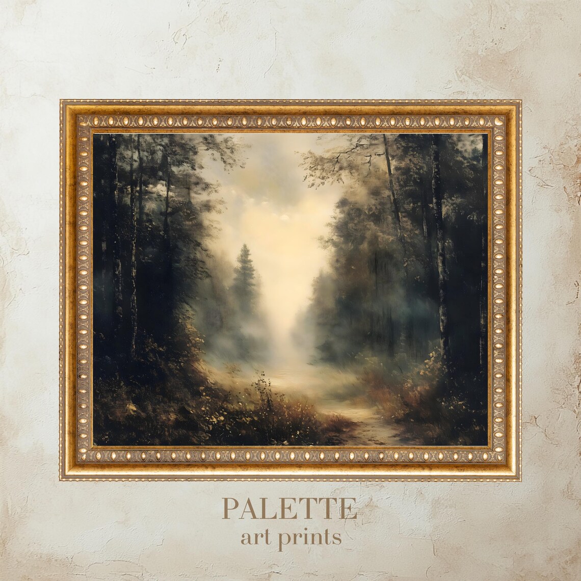Misty Dark Pine Forest Trail with Golden Light Break Wall Art