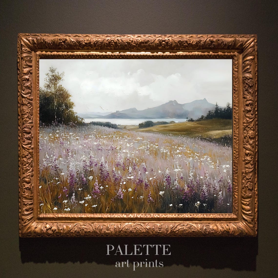 Purple Wildflower Field Lake Mountains Dreamy Pastel Landscape Poster - Image 3