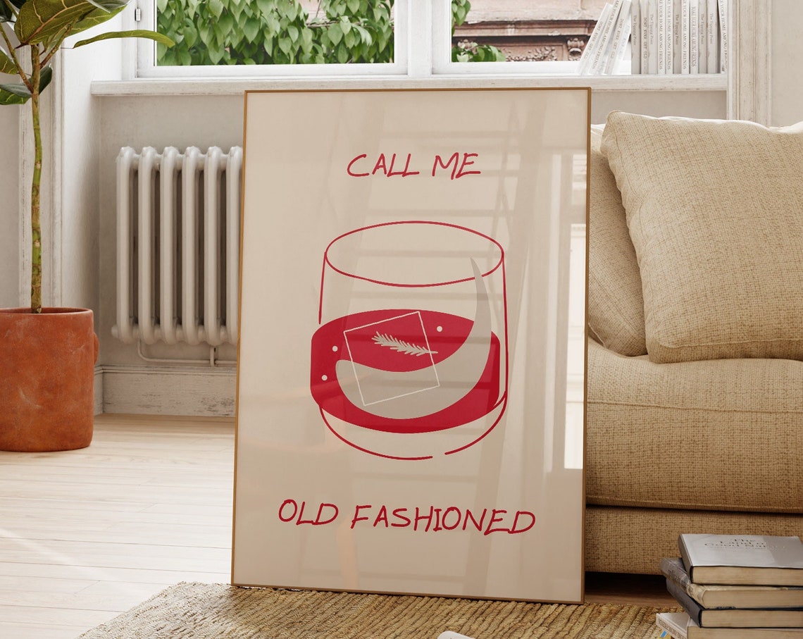 Call Me Old Fashioned Red Cocktail Bar Cart Line Art Decor Poster
