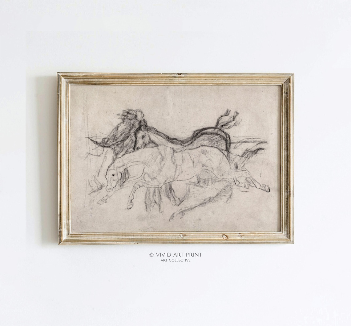 Vintage Racehorses Sketch Art, Classic Equestrian