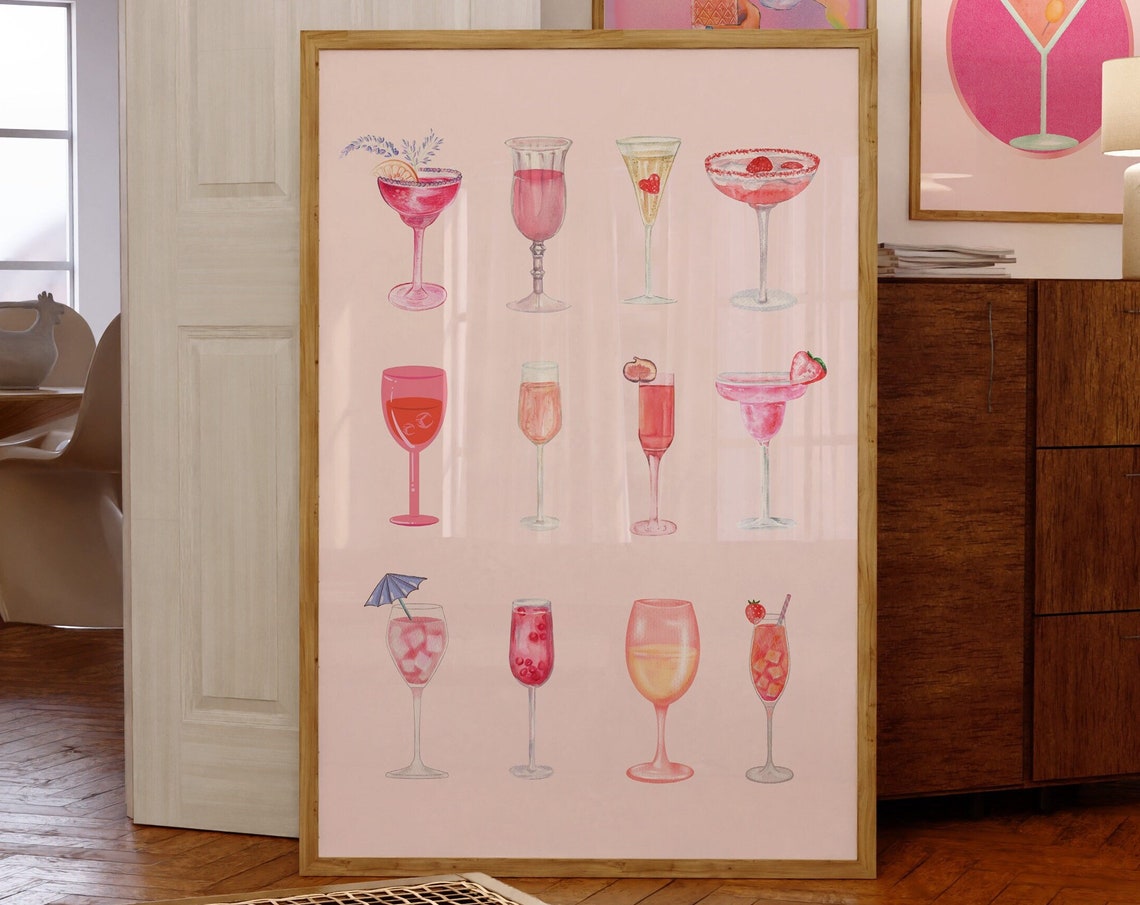 Pink Cocktail Glasses Watercolor Drink Chart Bar Art Print Decor