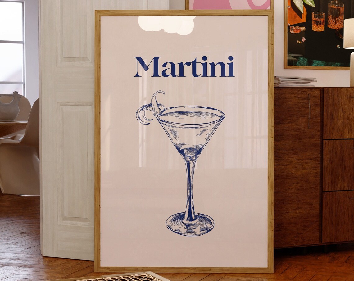 Martini Navy Line Art Cocktail Minimalist Bar Cart Wall Decor Poster