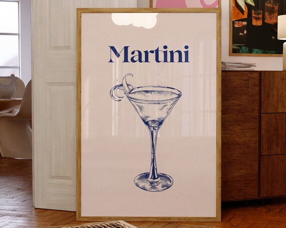 Martini Navy Line Art Cocktail Minimalist Bar Cart Wall Decor Poster