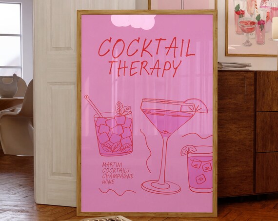 Retro Cocktail Therapy Posteraesthetic Girly Bar Cart Artpreppy Pink Posterswine Bottle Cute Girly Poster Champagne Wall Artmartini Art