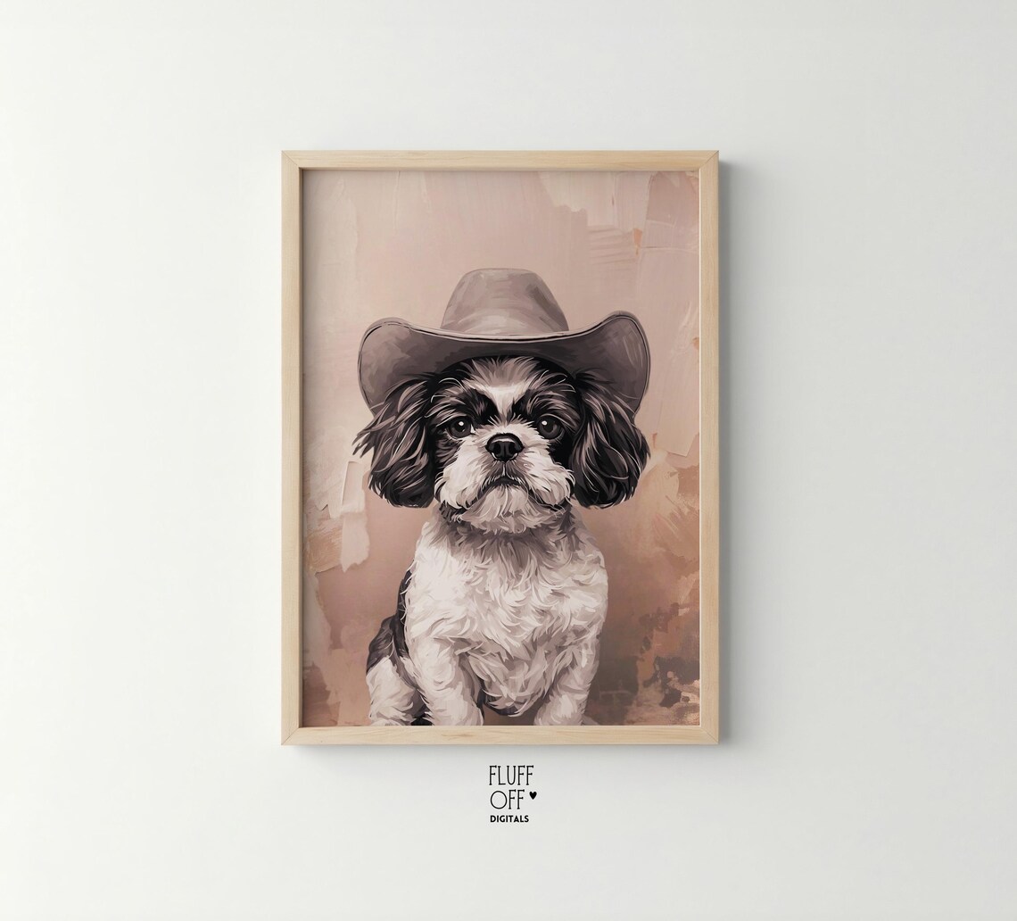 Shih Tzu Puppy Wearing Cowboy Hat Watercolor Cute Western Dog Art Poster