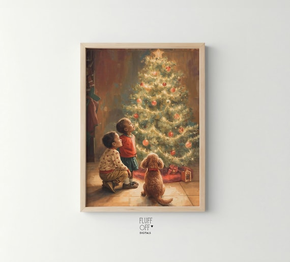 Children And Dog Admiring Lit Christmas Tree Warm Nostalgic Holiday Poster