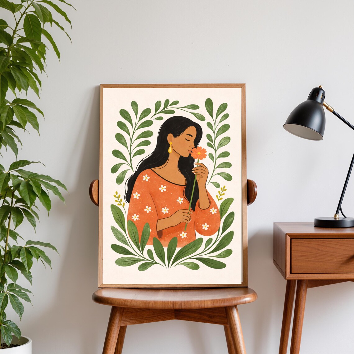 Woman With Flower Poster, Modern Boho Illustration