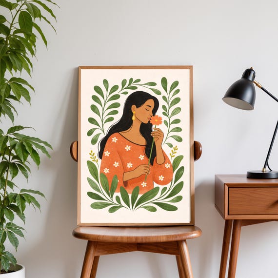 Woman With Flower Poster, Modern Boho Illustration
