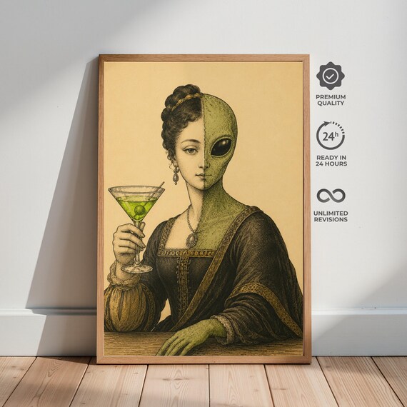 Surreal Alien Woman Martini Poster Vintage Sci Fi Cocktail Decor