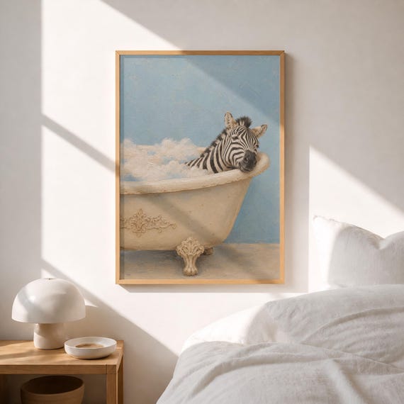 Sleeping Zebra Bathtub Art Whimsical Safari Bathroom Decor Farmhouse Cottagecore Print